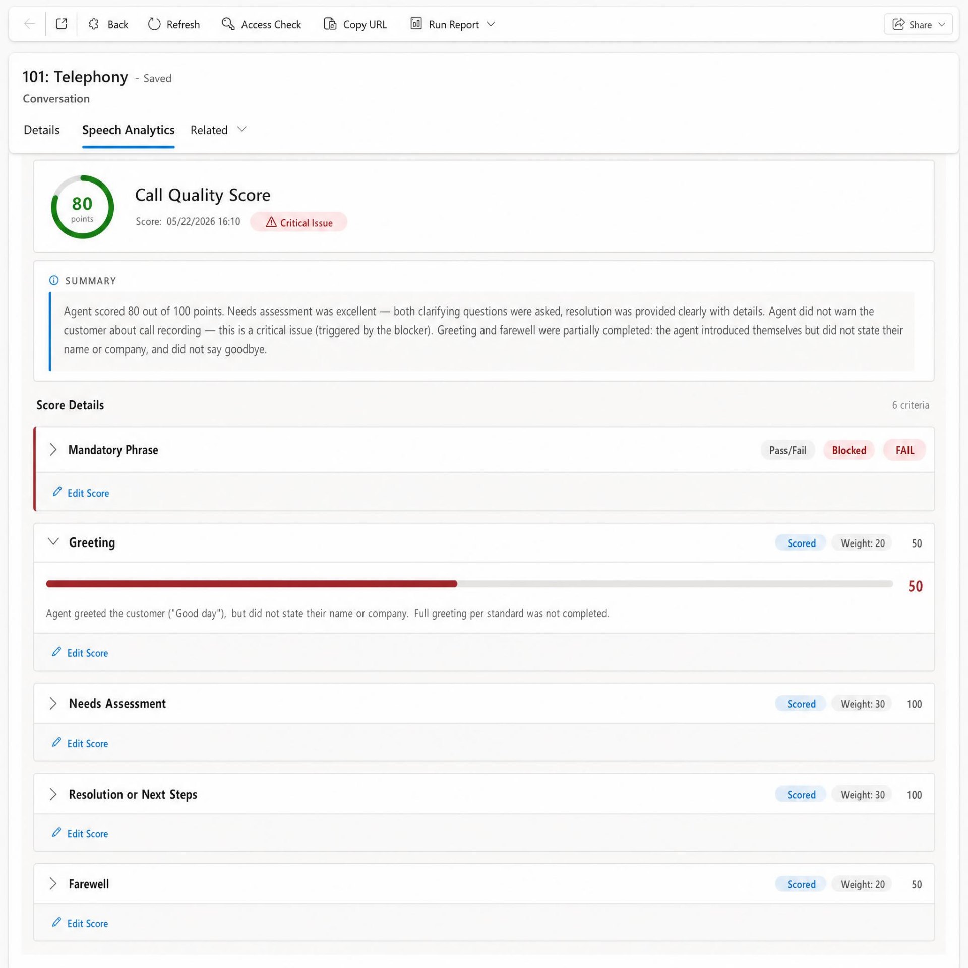 Dynamics 365 conversation Speech Analytics tab showing an 80-point Call Quality Score, critical issue alert, AI summary, and per-criterion scores